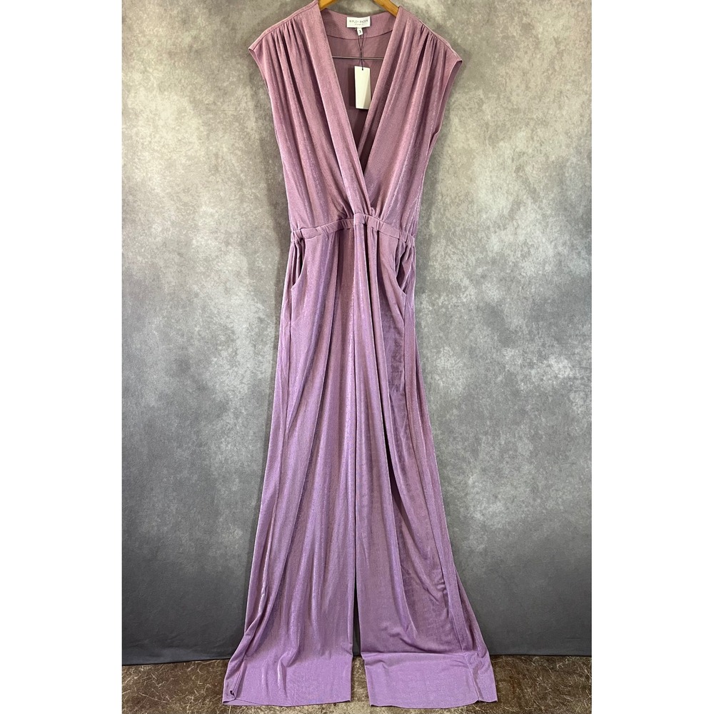 Ripley Rader Wide Leg Jumpsuit Women 3 Purple Metallic V-Neck Pocket Minimal NEW